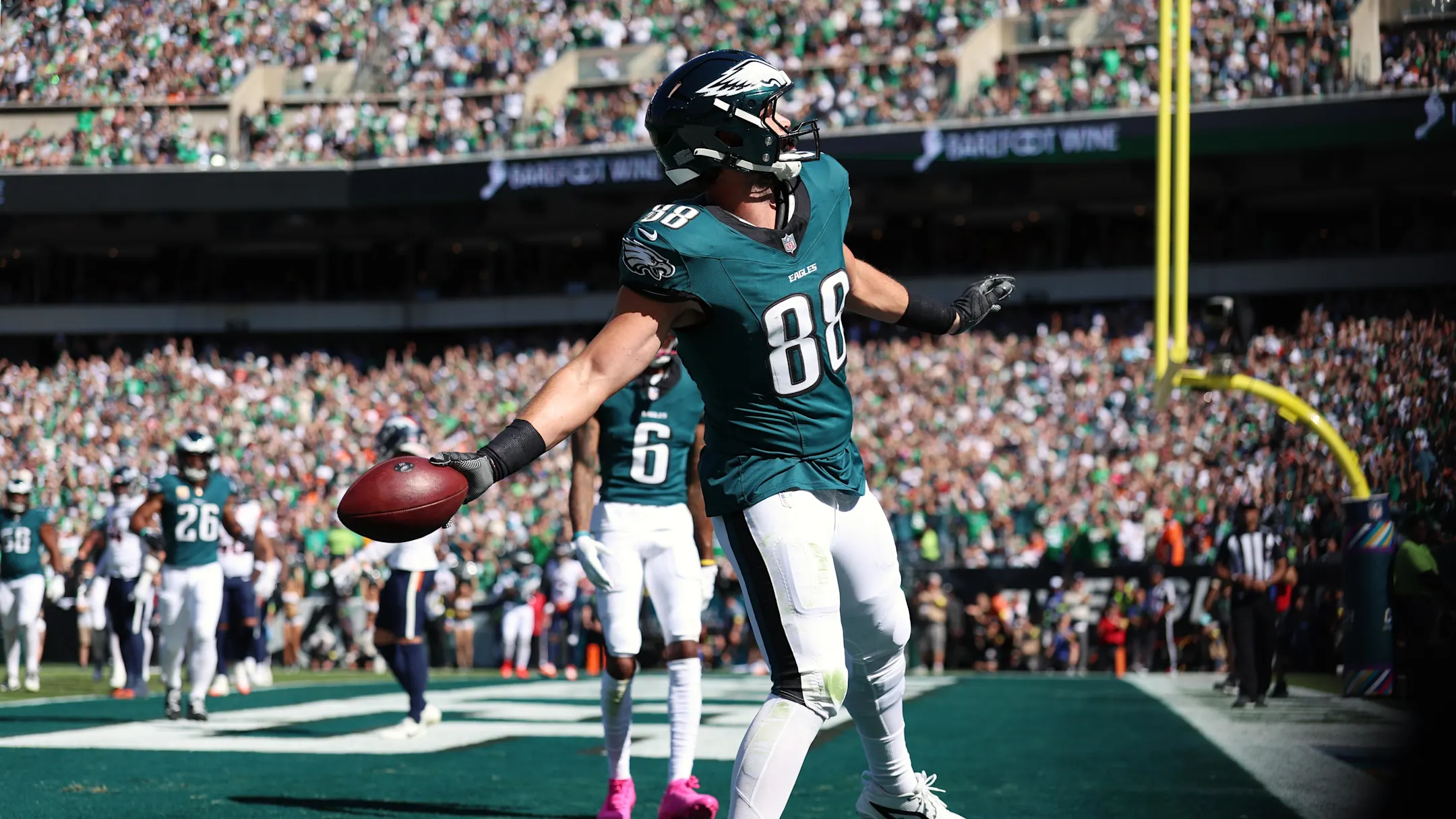 Oct 5, 2025; Philadelphia, Pennsylvania, USA; Philadelphia Eagles tight end Dallas Goedert (88) celebrates after scoring a touchdown against the Denver Broncos in the second quarter at Lincoln Financial Field. Mandatory Credit: Bill Streicher-Imagn Images | Bill Streicher-Imagn Images